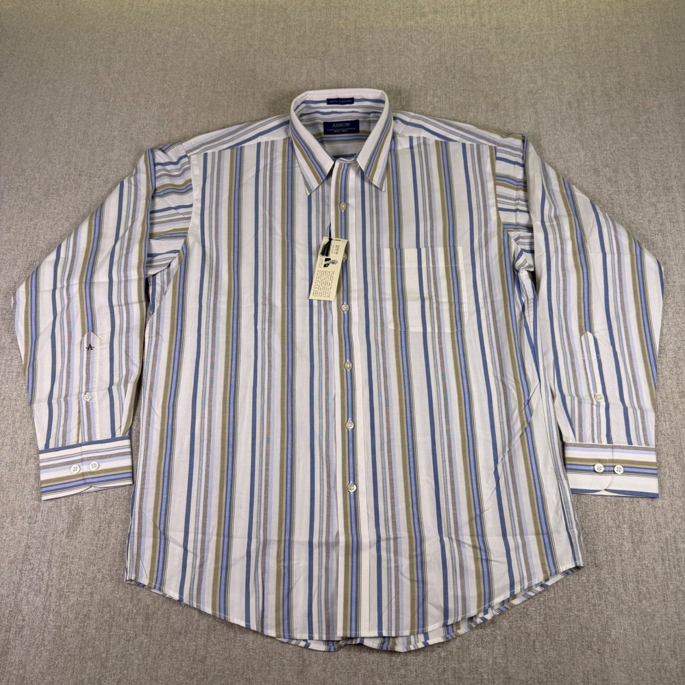 NWT Arrow Button Down Shirt Mens 42 84-86 Blue Tan Striped Long Sleeve Cotton